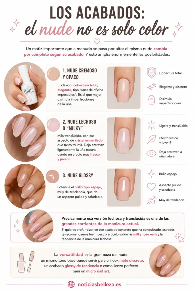 Los acabados del esmalte nude: cremoso, milky y glossy Infografía que explica los diferentes acabados del esmalte nude para uñas: cremoso y opaco, milky o lechoso y glossy, con sus características, ventajas y tendencias actuales.