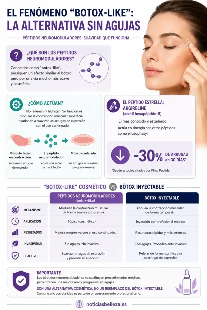 Infografía sobre los péptidos botox-like y su efecto cosmético sin agujas Infografía que explica cómo actúan los péptidos neuromoduladores o botox-like, el papel del Argireline y las diferencias entre esta alternativa cosmética y el bótox inyectable.
