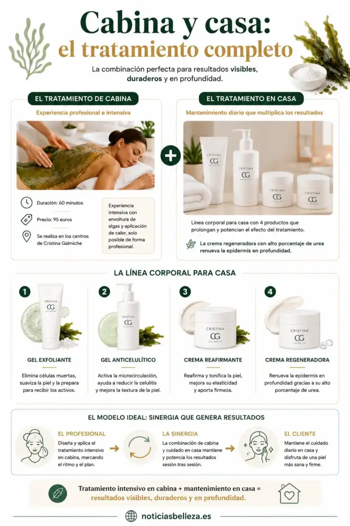 Cabina y casa: tratamiento corporal completo de Cristina Galmiche Infografía sobre el tratamiento corporal de Cristina Galmiche que combina una sesión profesional en cabina con una rutina de cuidado en casa para prolongar los resultados.