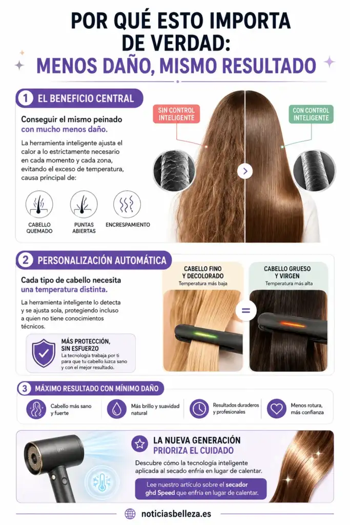 Infografía sobre cómo las herramientas inteligentes para el cabello reducen el daño térmico mediante sensores y ajuste automático de la temperatura.