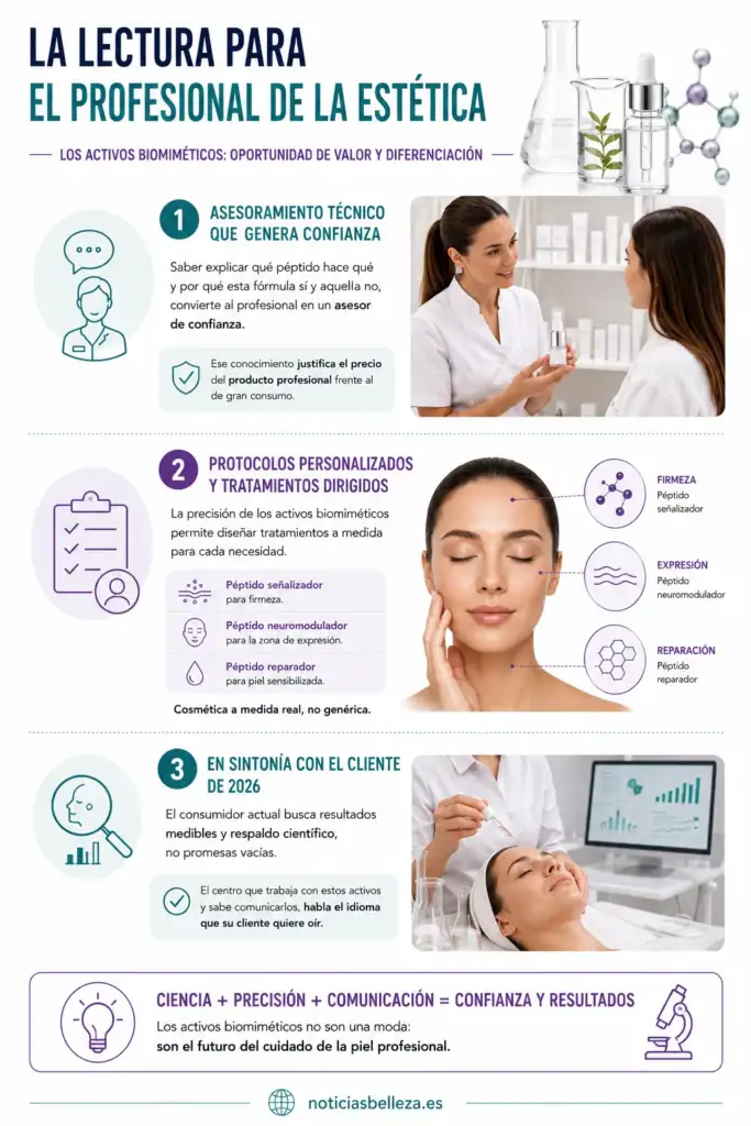 La lectura para el profesional de la estética: activos biomiméticos y personalización Infografía sobre cómo los activos biomiméticos ayudan a los centros de estética a ofrecer asesoramiento técnico, tratamientos personalizados y resultados respaldados por la ciencia.