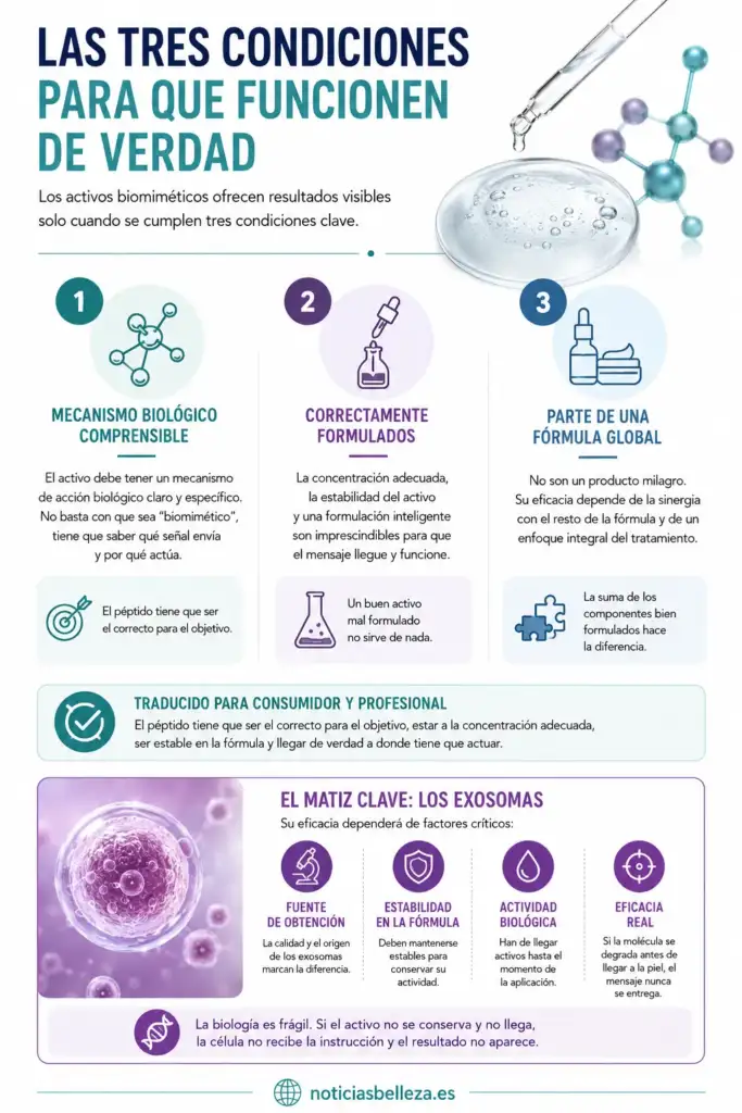 Las tres condiciones para que los activos biomiméticos funcionen de verdad Infografía sobre las tres condiciones para que los activos biomiméticos funcionen: mecanismo biológico, formulación correcta y estabilidad de los exosomas en cosmética.