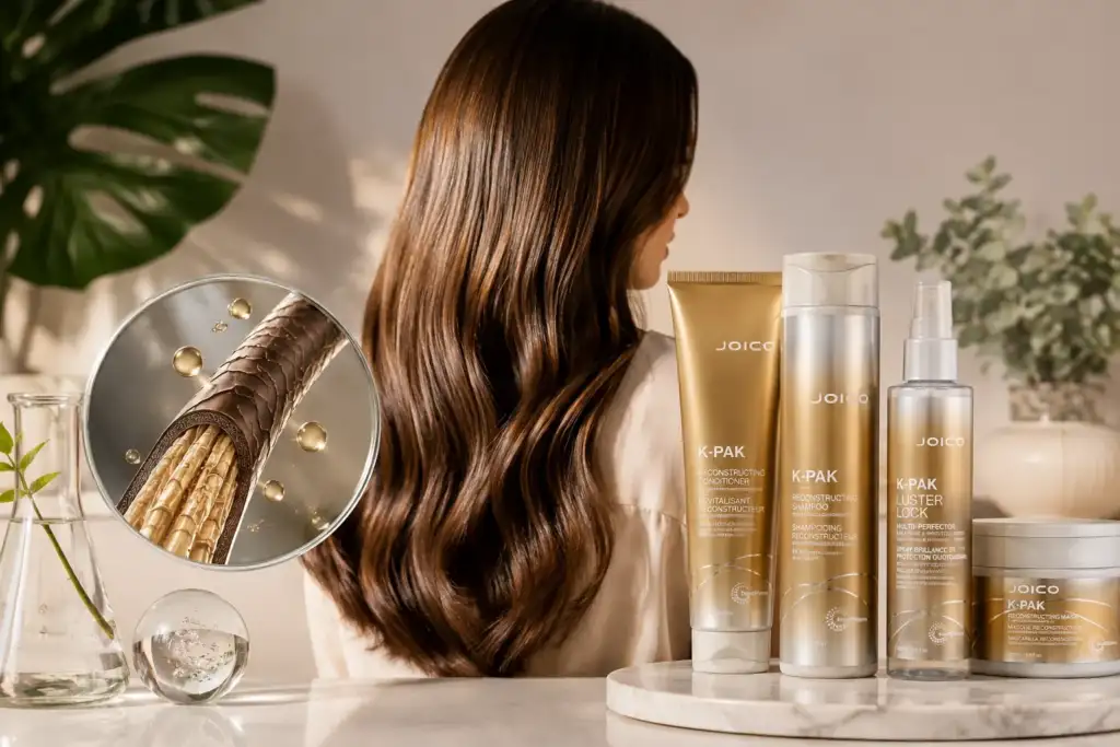 Filosofía JOICO: cabello sano, fuerte y brillante Cabello largo, sano y brillante junto a productos JOICO K-PAK para el cuidado y reconstrucción de la fibra capilar