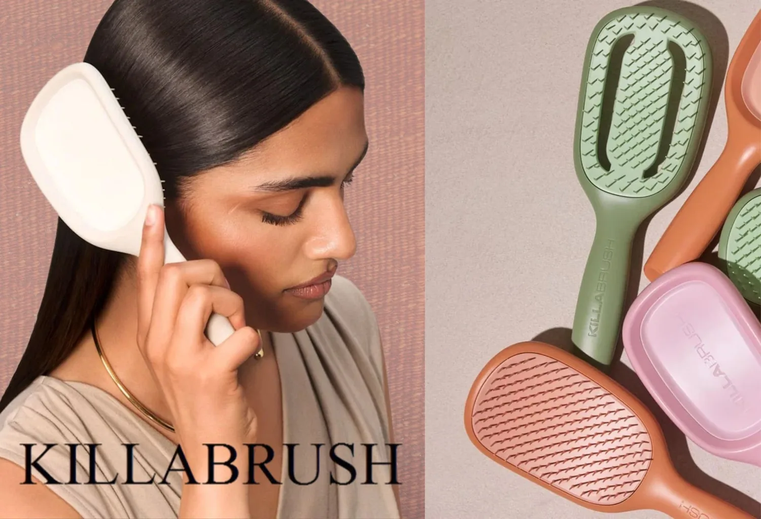 Mujer utilizando un cepillo KillaBrush junto a varios cepillos antimicrobianos de la marca