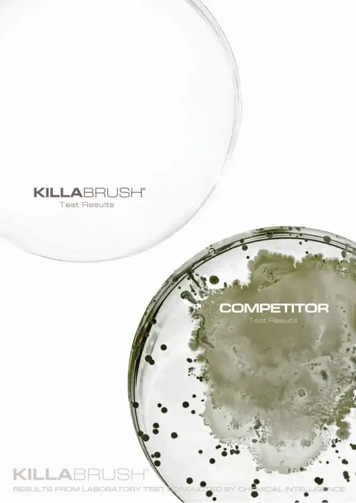 Killabrush: resultados de laboratorio de su tecnología antimicrobiana Comparativa de resultados de laboratorio entre Killabrush y un cepillo convencional