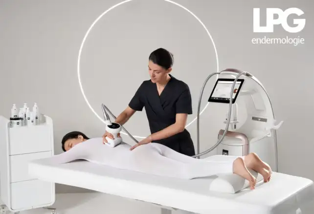 Profesional de estética realizando un tratamiento corporal con el equipo LPG Endermologie sobre una clienta en una cabina de belleza.