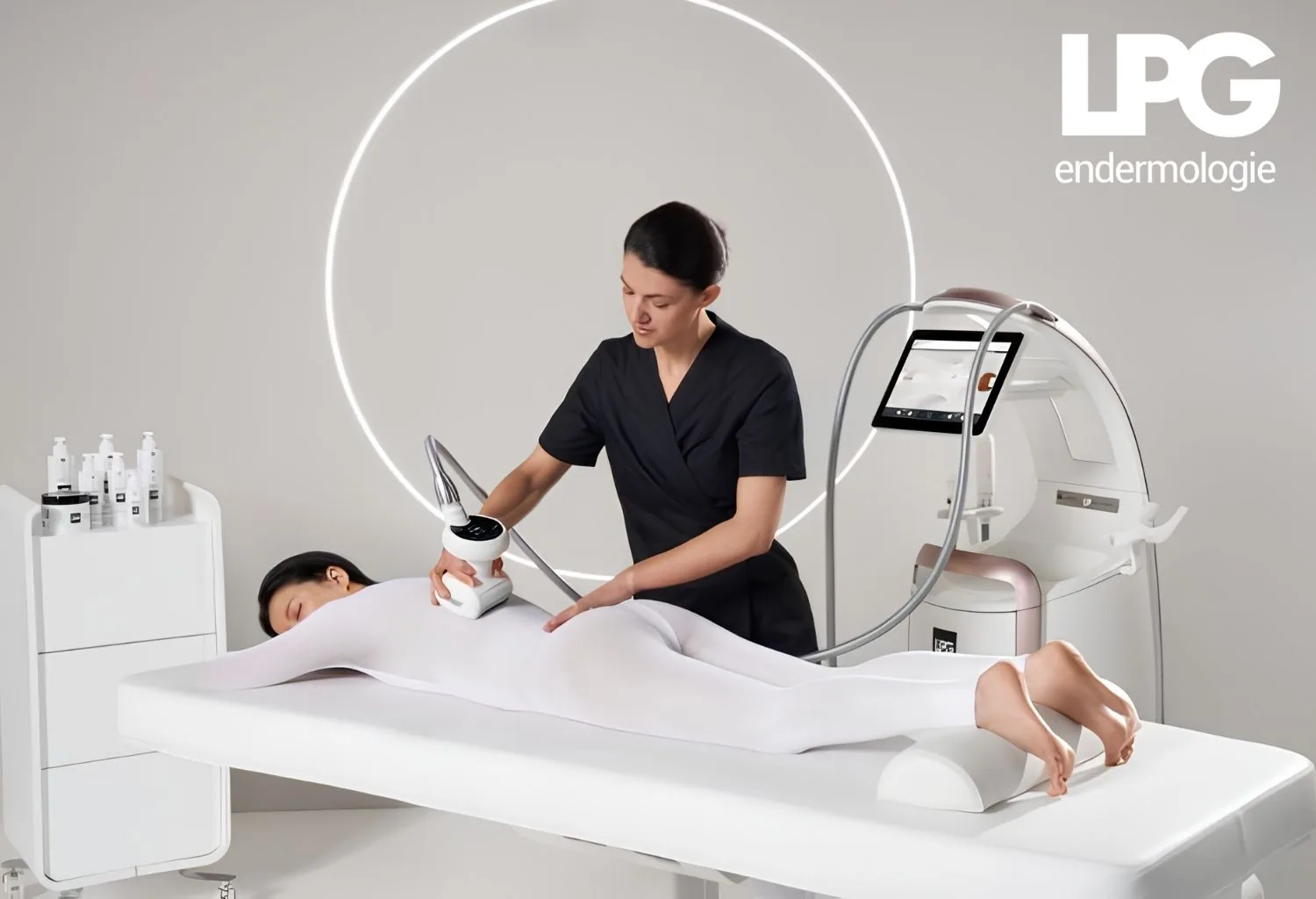 Profesional de estética realizando un tratamiento corporal con el equipo LPG Endermologie sobre una clienta en una cabina de belleza.