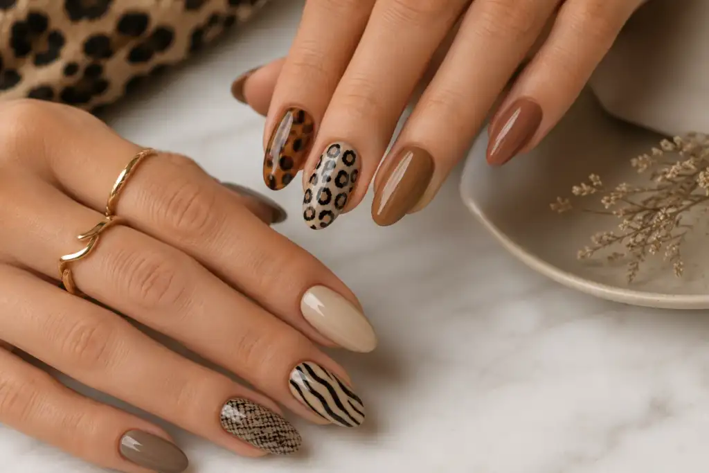 Manicura animal print elegante con diseños de leopardo, cebra y serpiente en tonos nude y marrones