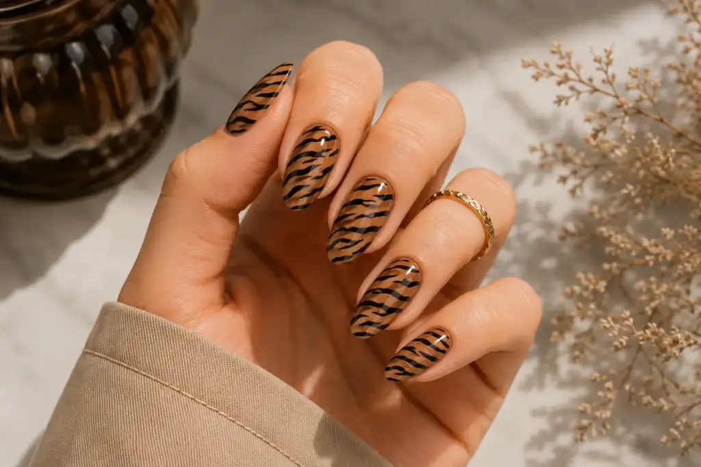 Manicura animal print con todas las uñas decoradas con estampado de tigre en tonos marrones y negro