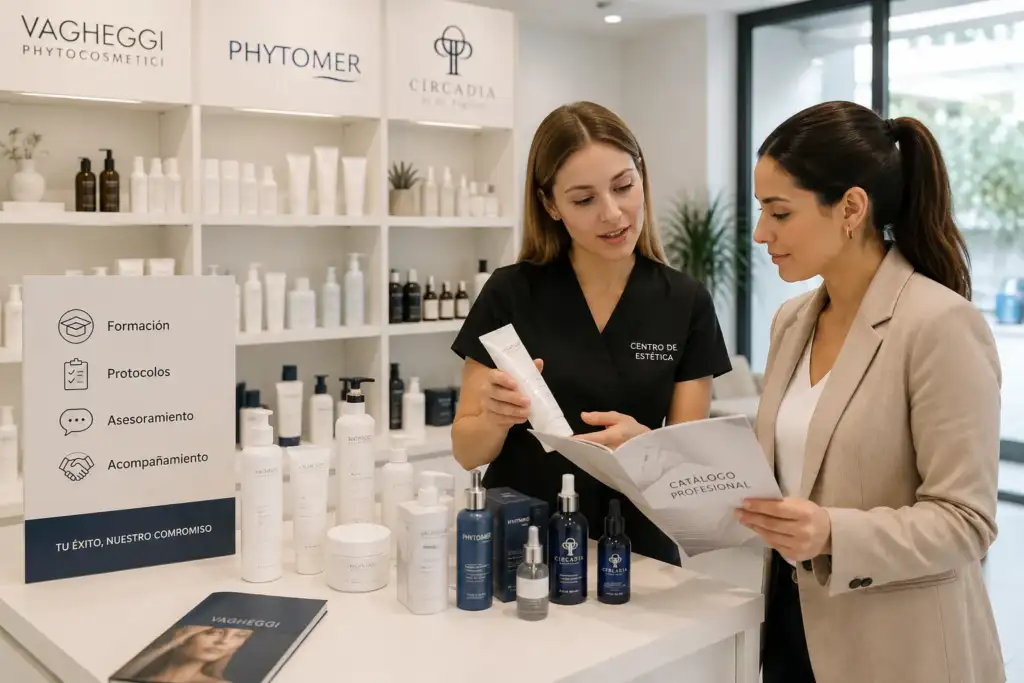Profesional de estética recibiendo asesoramiento y formación de un proveedor de cosmética profesional