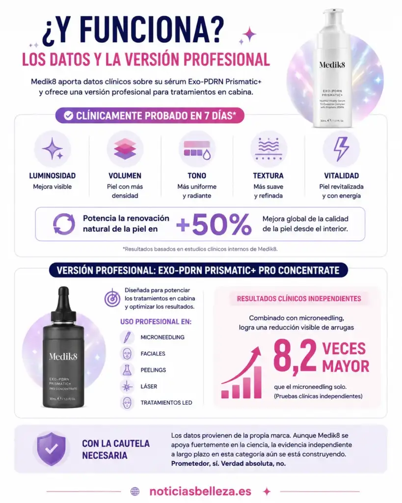 Infografía sobre los resultados clínicos de Medik8 Exo-PDRN Prismatic+ y su versión profesional para tratamientos en cabina