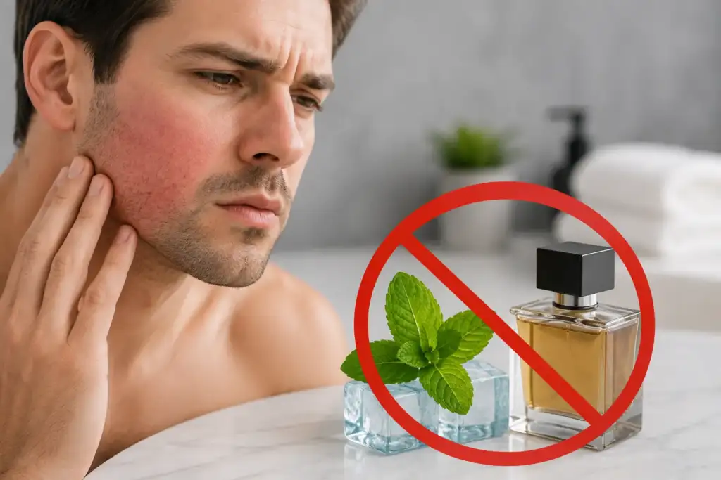 Mentol y perfumes intensos después del afeitado Hombre con la piel irritada después del afeitado junto a mentol y perfume señalados como productos a evitar