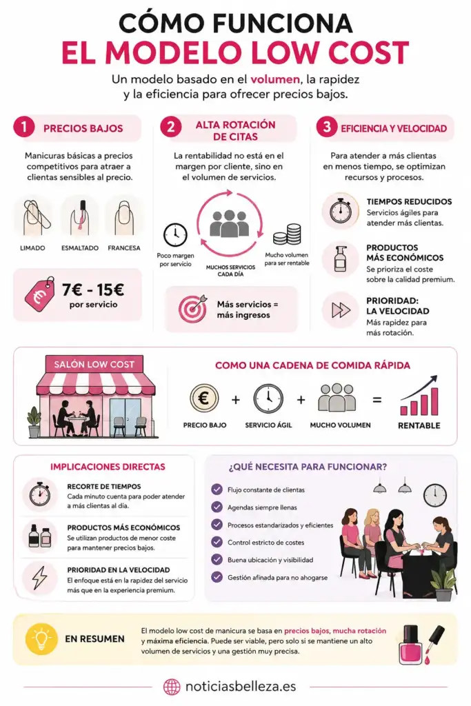 Infografía sobre cómo funciona el modelo low cost en manicura basado en precios bajos y alta rotación de citas