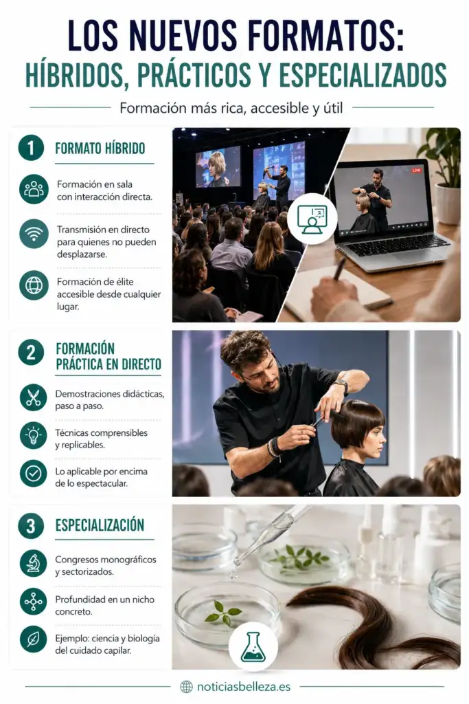 Infografía sobre formación híbrida, práctica y especializada en los nuevos congresos de peluquería