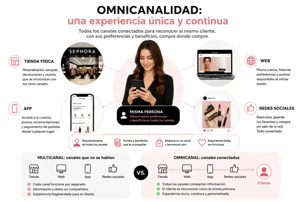 Omnicanalidad en Sephora: una experiencia de compra conectada Infografía sobre la omnicanalidad de Sephora entre tienda física, web, app y redes sociales