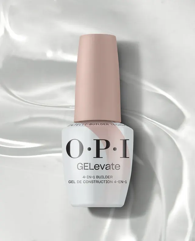 OPI GELevate 4-in-1 Builder Gel para construcción de uñas Envase del gel constructor OPI GELevate 4-in-1 Builder sobre un fondo blanco con reflejos de luz.