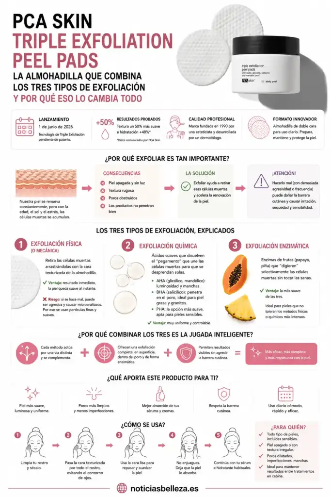 Infografía Triple Exfoliation Peel Pads de PCA Skin: cómo funciona la triple exfoliación Infografía sobre las Triple Exfoliation Peel Pads de PCA Skin que explica la exfoliación física, química y enzimática, sus beneficios y el funcionamiento de la tecnología de triple exfoliación.