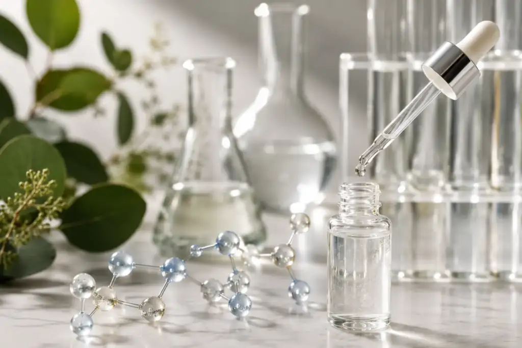 Péptidos biomiméticos en cosmética: laboratorio y activos inteligentes Gotero con sérum cosmético, estructura molecular y material de laboratorio representando la tecnología de los péptidos biomiméticos en cosmética.