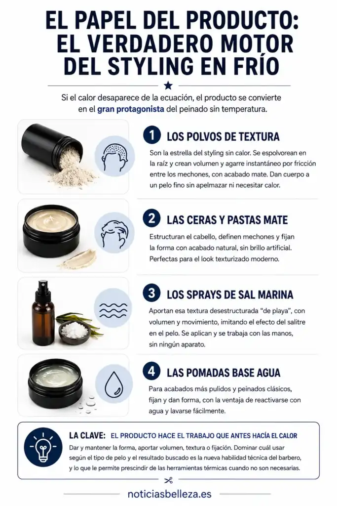 Productos para styling en frío: peinado sin calor en barbería Infografía sobre productos de styling en frío para peinar el cabello sin calor en barbería