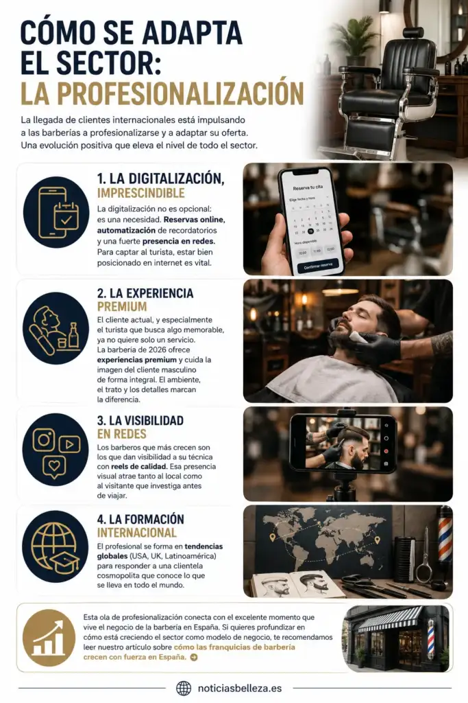 Cómo se adapta el sector de la barbería: la profesionalización Infografía sobre la profesionalización de las barberías mediante digitalización, experiencias premium, redes sociales y formación internacional.