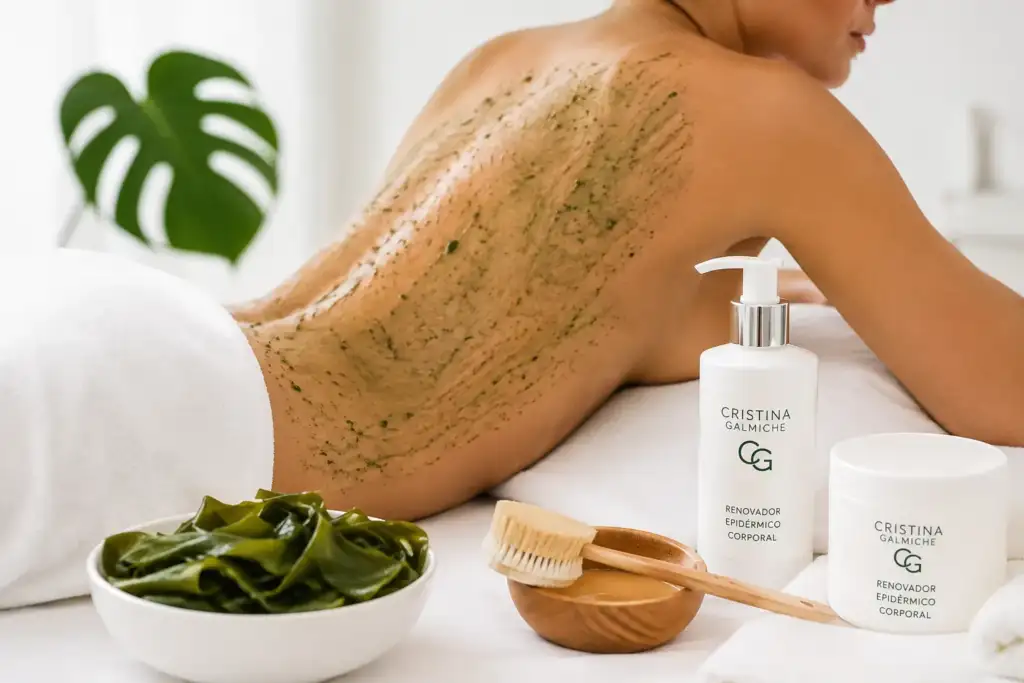 Renovador Epidérmico Corporal de Cristina Galmiche con algas marinas Tratamiento Renovador Epidérmico Corporal de Cristina Galmiche con exfoliación de algas marinas y productos profesionales de estética corporal.