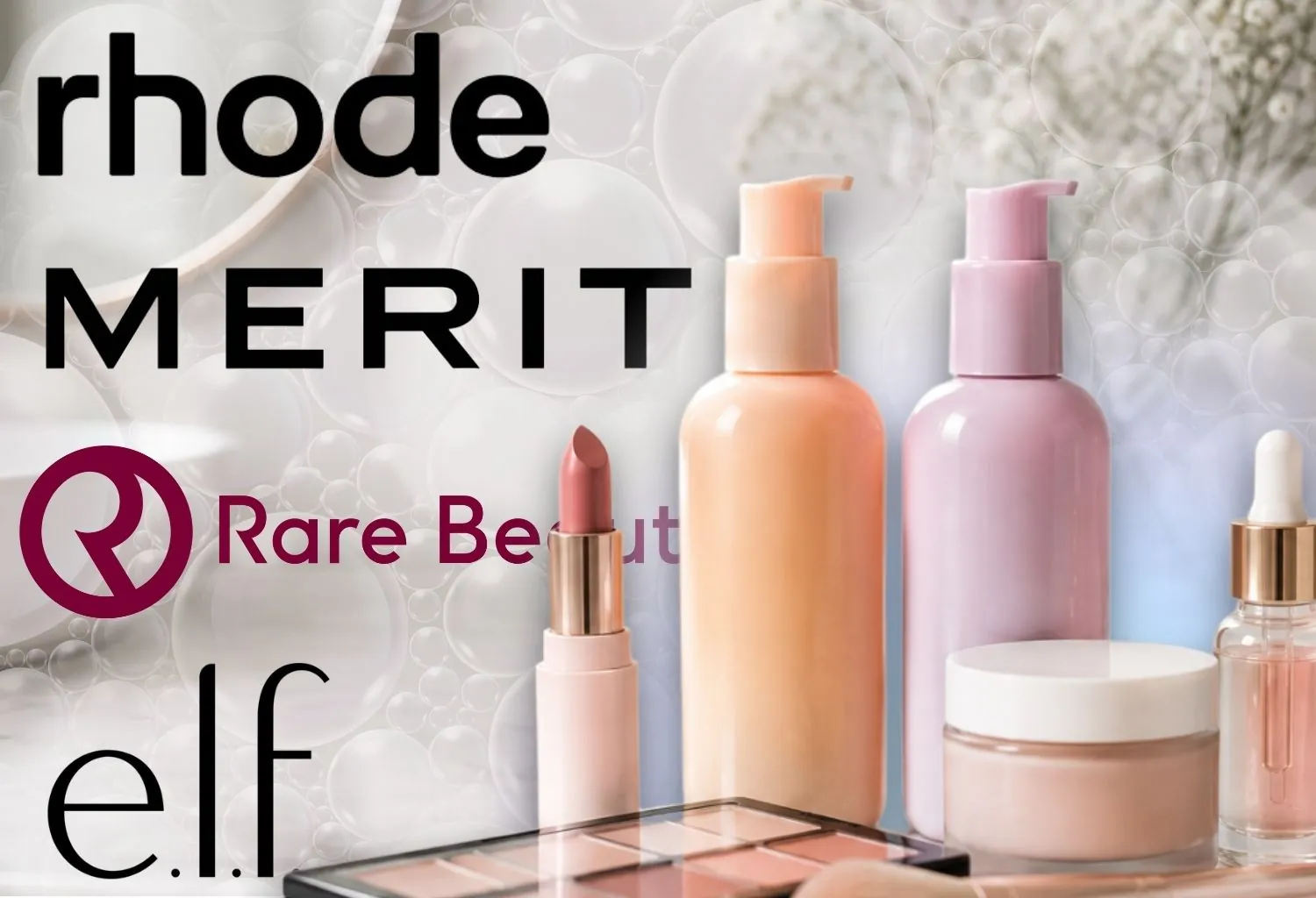 Productos de maquillaje y cuidado de la piel junto a los logotipos de Rhode, Merit, Rare Beauty y e.l.f., representando el auge de estas marcas en el mercado de la belleza.