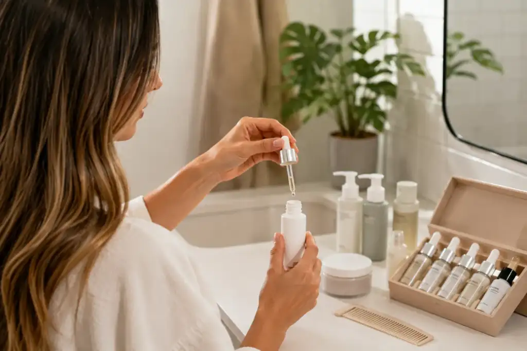 Rutina capilar personalizada para el cuidado en casa Mujer preparando una rutina capilar personalizada en casa con diferentes productos y concentrados