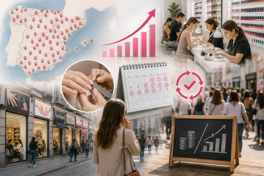 Representación del crecimiento del sector de la manicura en España con salones de uñas, clientas recurrentes y aumento de establecimientos