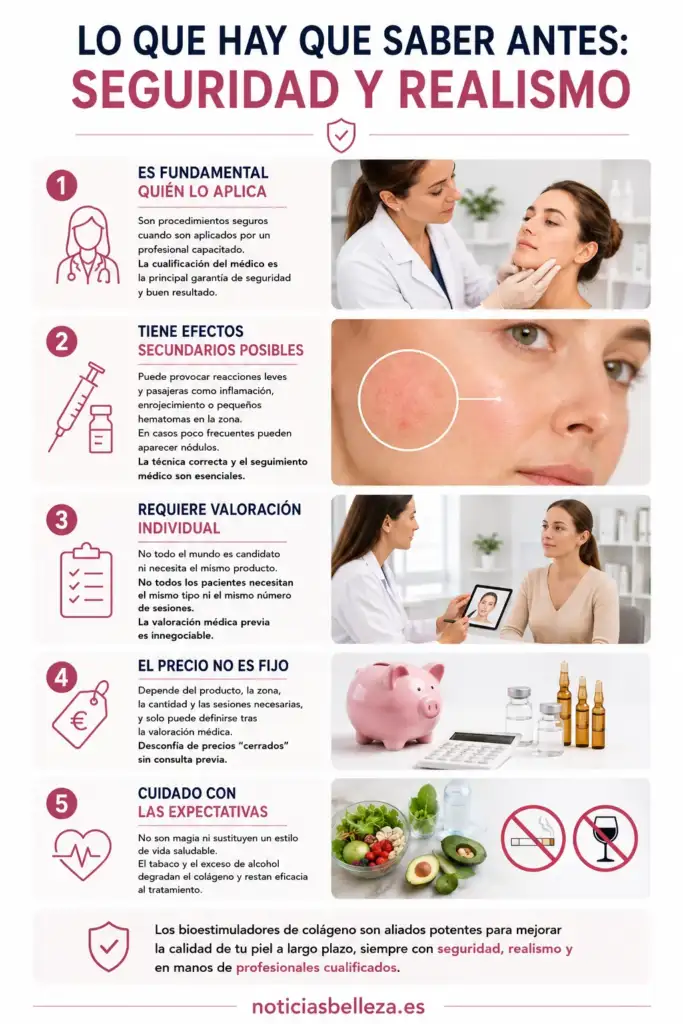 Seguridad y realismo antes de los bioestimuladores de colágeno Infografía sobre seguridad, efectos secundarios, valoración médica y expectativas antes de usar bioestimuladores de colágeno