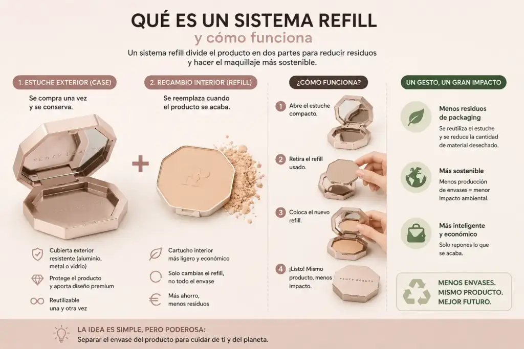 Infografía que explica cómo funciona un sistema refill de maquillaje con estuche reutilizable y recambio interior.