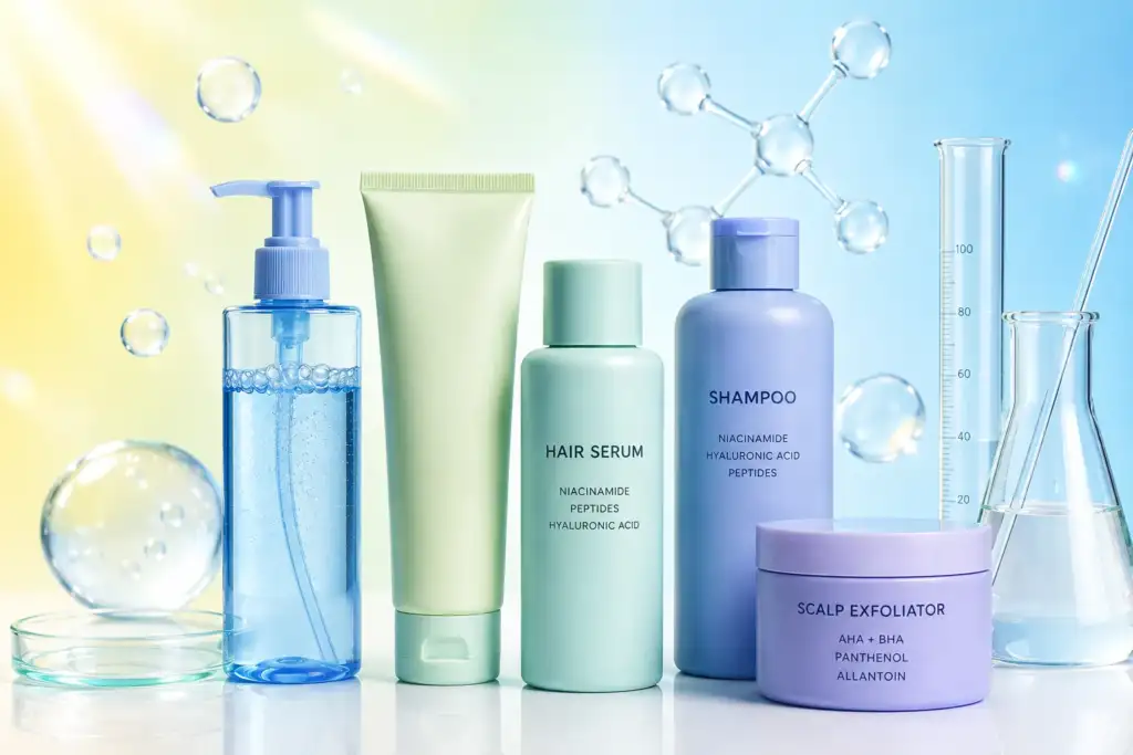 Tecnología skincare aplicada al cuidado capilar Productos de cuidado capilar inspirados en el skincare junto a material de laboratorio, representando el uso de ingredientes como niacinamida, ácido hialurónico y péptidos en el haircare.