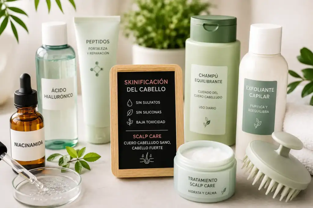 Productos de cuidado capilar con niacinamida, ácido hialurónico y péptidos junto a tratamientos de scalp care para el cuero cabelludo.