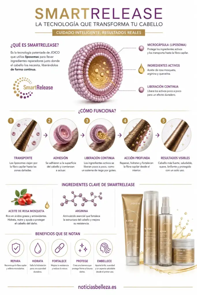 Tecnología SmartRelease de JOICO: cómo funciona Infografía sobre la tecnología SmartRelease de JOICO y su sistema de liposomas para reparar, hidratar y fortalecer el cabello