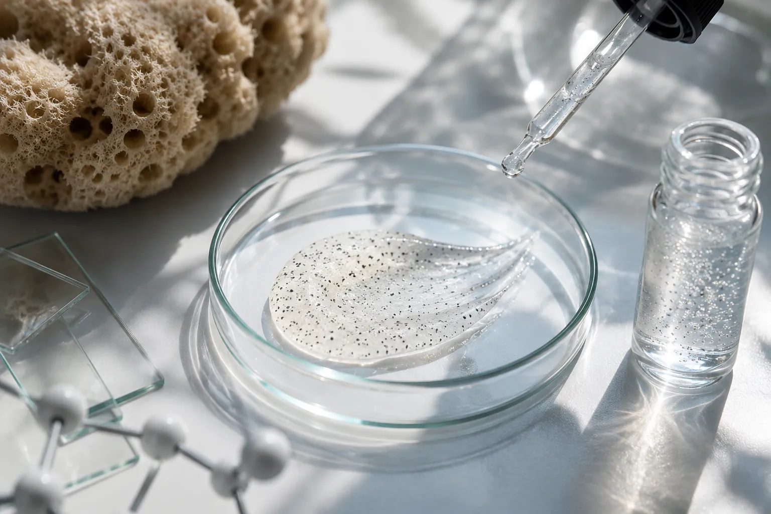 Composición de laboratorio con espículas de esponja marina, pipeta, gel cosmético y material científico que representa la tecnología de los peelings con spicules.