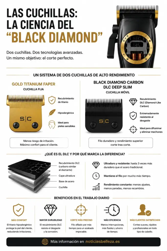 Cuchillas Black Diamond DLC de la StyleCraft Instinct: tecnología y ventajas Infografía sobre las cuchillas Black Diamond DLC y Gold Titanium Faper de la StyleCraft Instinct, explicando su tecnología, resistencia, precisión y beneficios para el corte profesional.