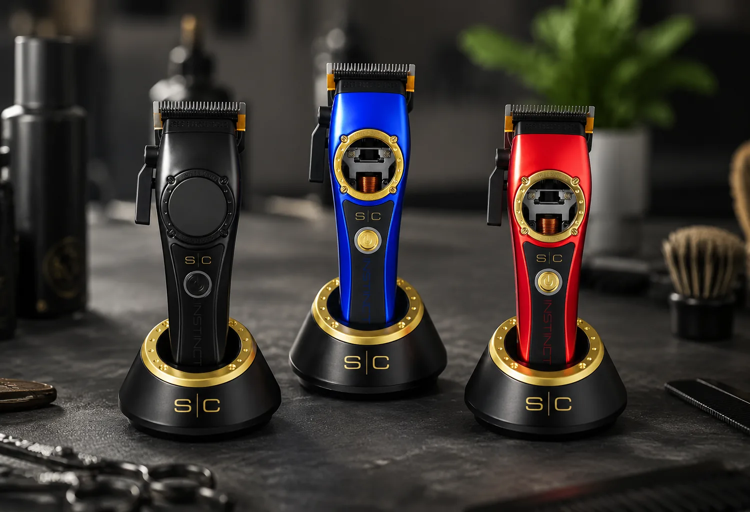Tres cortapelos profesionales StyleCraft Instinct en colores negro, azul y rojo sobre sus bases de carga en un entorno de barbería profesional.