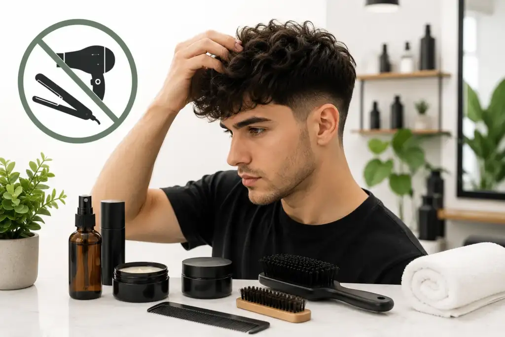 Styling sin calor en barbería: peinado sin herramientas térmicas Hombre con peinado texturizado en barbería utilizando productos y herramientas de styling sin calor