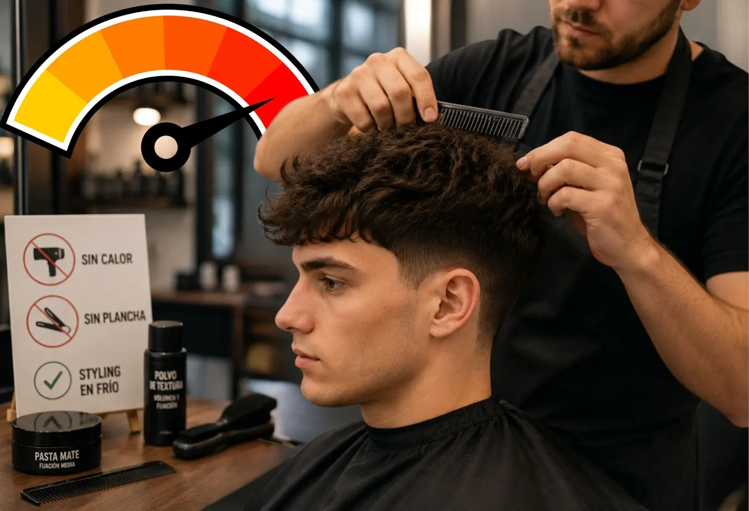 Barbero realizando un peinado con peine y productos de styling sin calor
