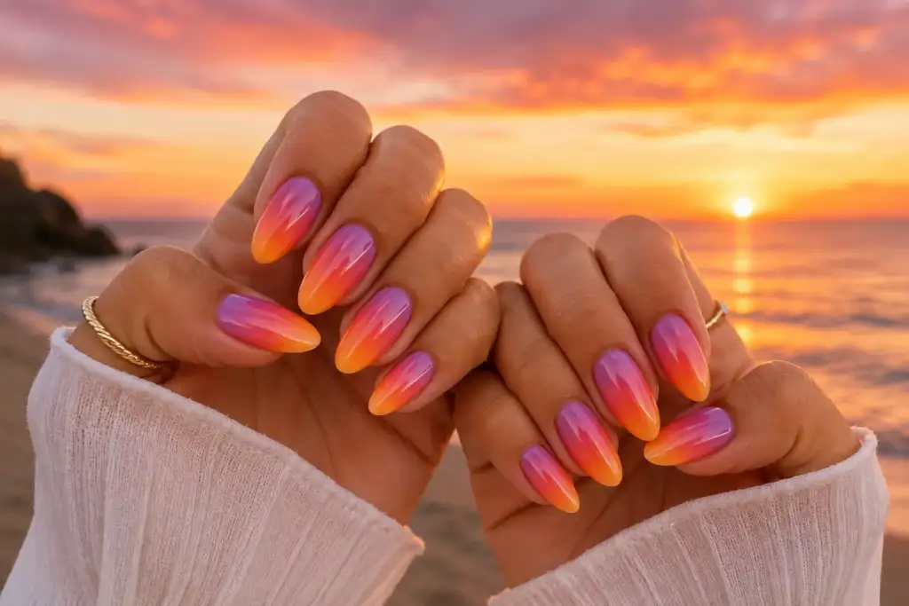 Sunset Nails: manicura degradada inspirada en el atardecer Dos manos con Sunset Nails en degradado rosa, violeta y naranja frente a una puesta de sol