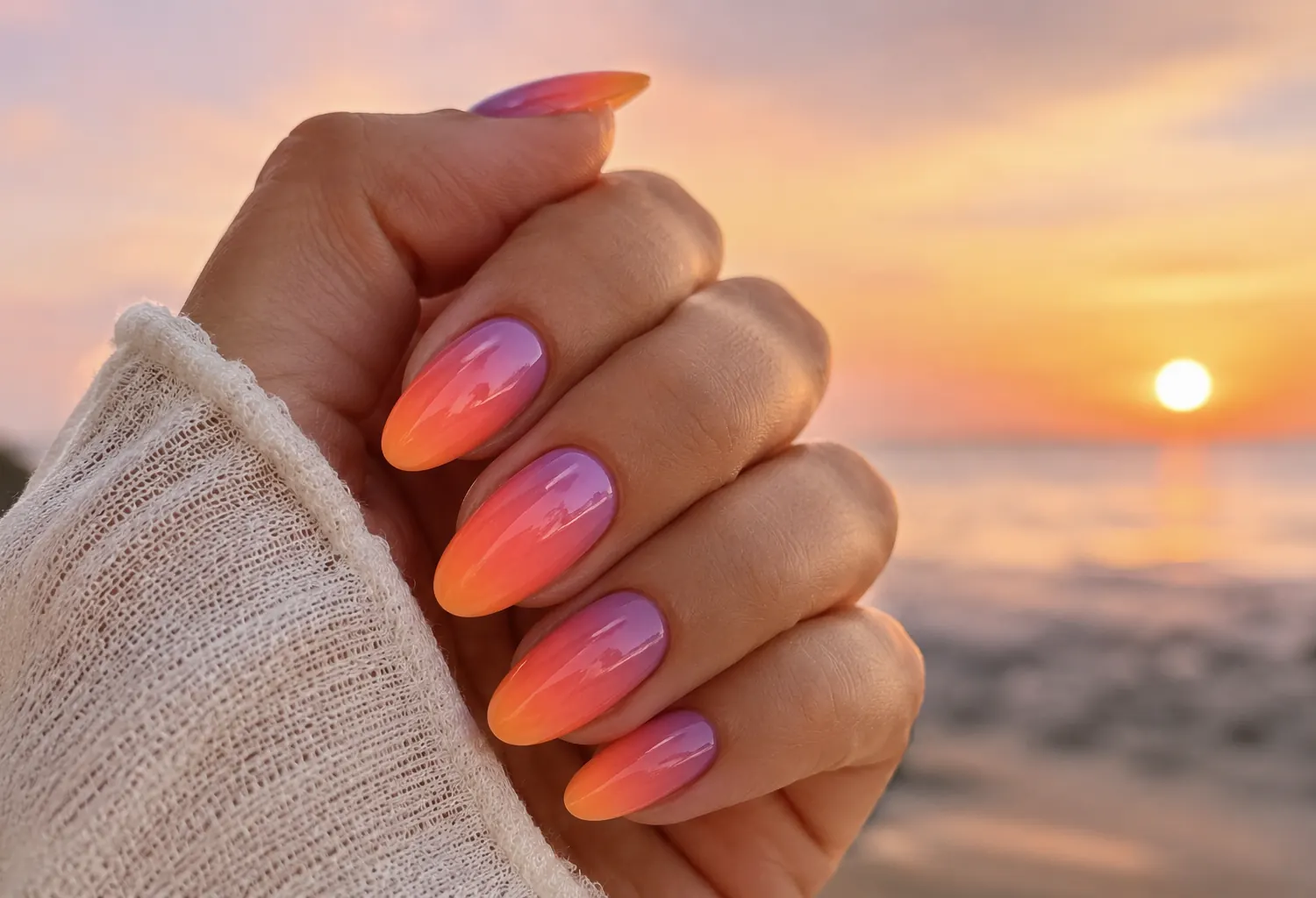 Manicura Sunset Nails con degradado rosa, coral, naranja y violeta frente a un atardecer en la playa