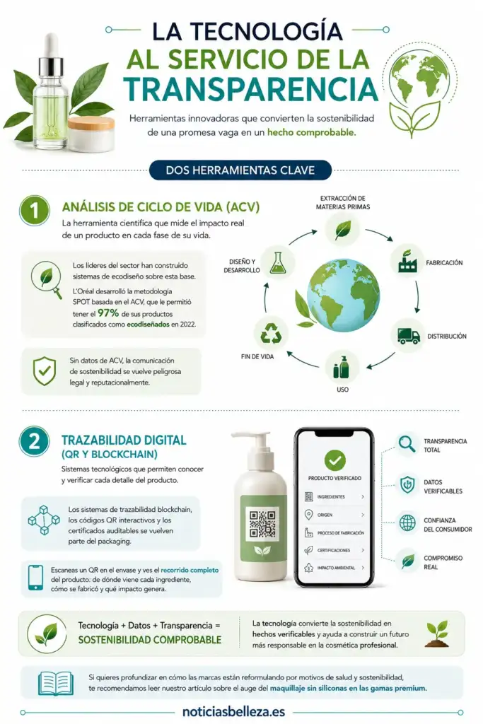 Infografía sobre tecnología, trazabilidad digital y análisis de ciclo de vida en cosmética sostenible