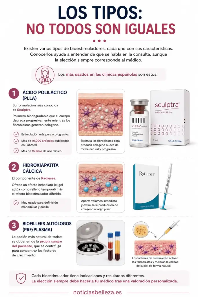 Tipos de bioestimuladores de colágeno: PLLA, hidroxiapatita cálcica y PRF Infografía sobre los principales tipos de bioestimuladores de colágeno: ácido poliláctico, hidroxiapatita cálcica y biofillers autólogos