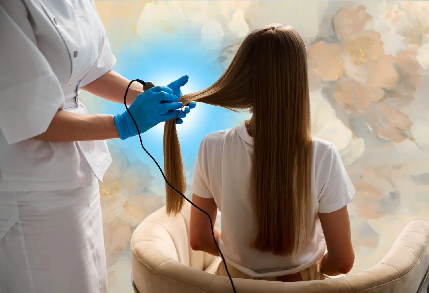 Profesional realizando un tratamiento capilar sobre el cabello largo y liso de una clienta