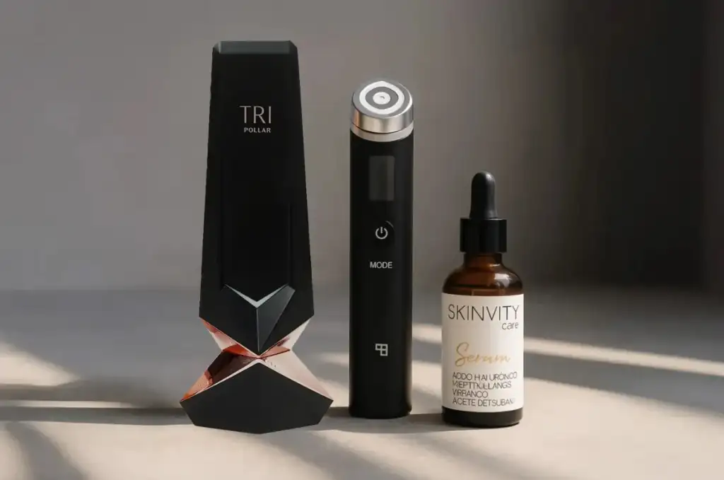 Dispositivos de tecnología estética y sérum para el cuidado de la piel Dispositivos de tecnología estética facial junto a sérum para el cuidado de la piel