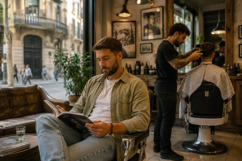 El turista descubre la barbería como experiencia local Turista esperando en una barbería local mientras un barbero realiza un corte de pelo a otro cliente.