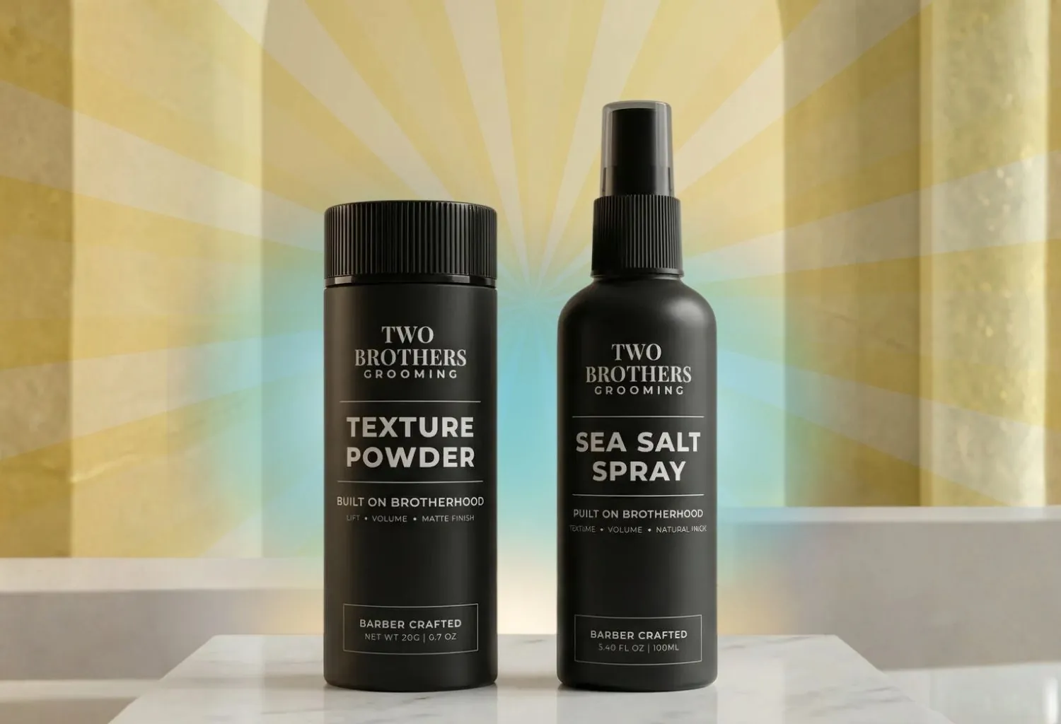 Productos Two Brothers Grooming Texture Powder y Sea Salt Spray para aportar textura, volumen y acabado natural al cabello masculino.