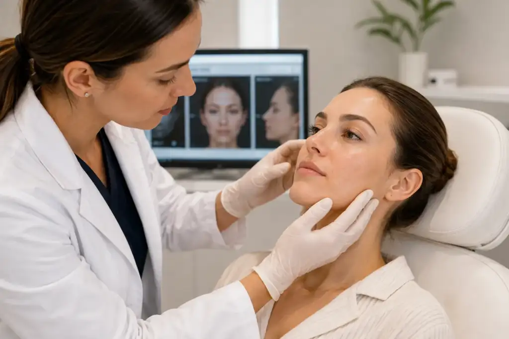 Valoración médica antes de un tratamiento con bioestimuladores de colágeno Médica realizando una valoración facial a una paciente antes de un tratamiento con bioestimuladores de colágeno