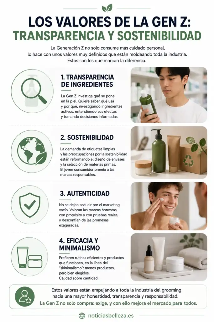 Infografía sobre transparencia, sostenibilidad, autenticidad y minimalismo en el cuidado personal de la Generación Z