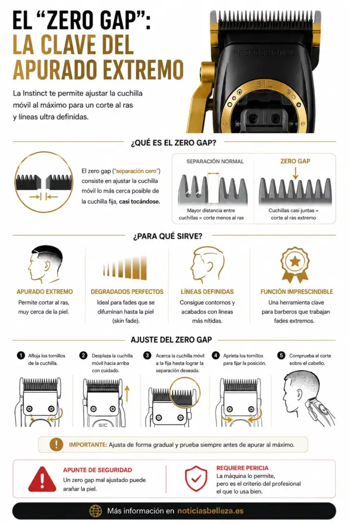 Zero Gap en la StyleCraft Instinct: cómo funciona y ventajas para el barbero Infografía sobre el sistema Zero Gap de la StyleCraft Instinct, explicando qué es, cómo se ajusta, sus ventajas para los skin fades y las precauciones de uso.