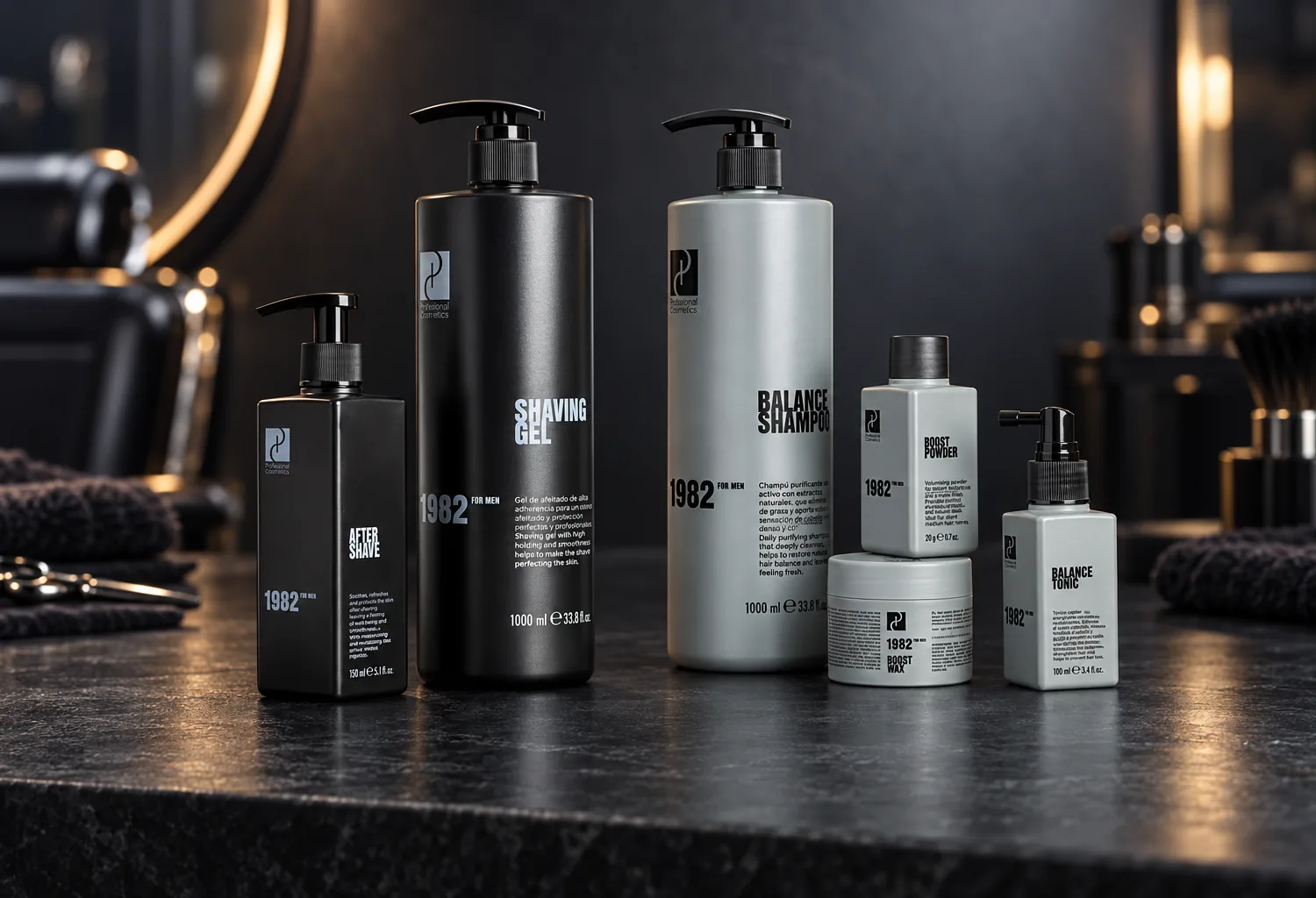 Seis productos de la línea 1982 For Men de Profesional Cosmetics en una barbería
